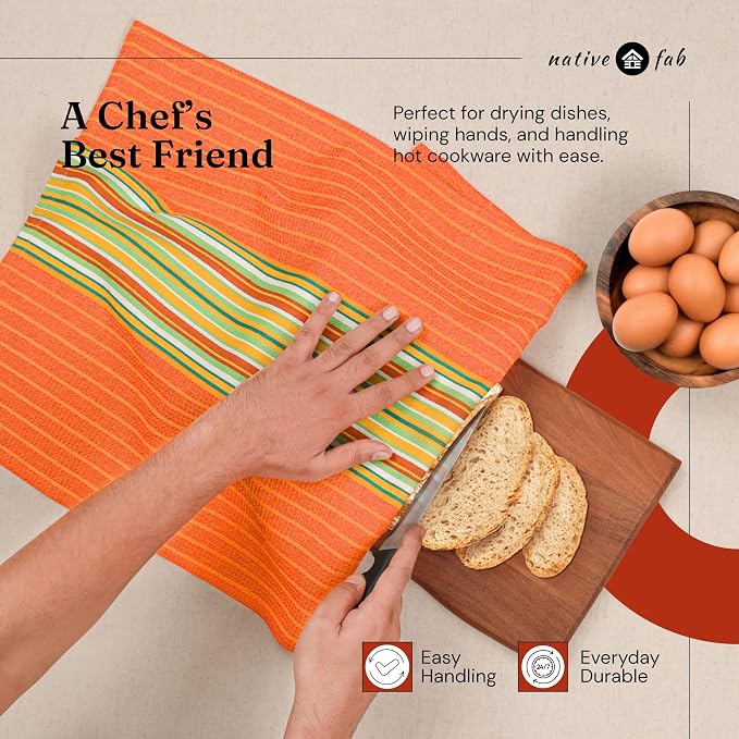 Native Fab Mexican Salsa Stripe Dish Towels, 4 Pack, 18x28, Super Absorbent, 100% Cotton Kitchen Towels for Drying, Reusable and Durable Washable Towels for Everyday Cooking and Cleaning, Orange