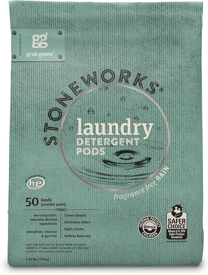 Grab Green Stoneworks Laundry Detergent Pods, 50 Loads, Fragrance Free | EPA Safer Choice; Plant & Mineral-Based; Fights stains; Eliminates odors; Softens naturally; No Harsh Chemicals