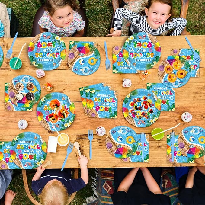 96Pcs Goodbye School Hello Pool Plates and Napkins End of School Year Party Decorations School's Out Pool Dessert Disposable Plates Summer Tableware Set for Graduation Preschool Party Supplies