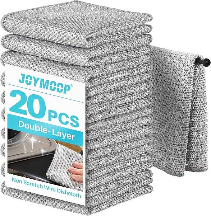JOYMOOP 20 PCS Non Scratch Wire Dishcloth-11.8” x 11.8”, Double Layers Multipurpose Wire Dishwashing Rags, Wet & Dry Cleaning Rags for Dishes, Cookware, Sinks, Stoves & Fireplaces