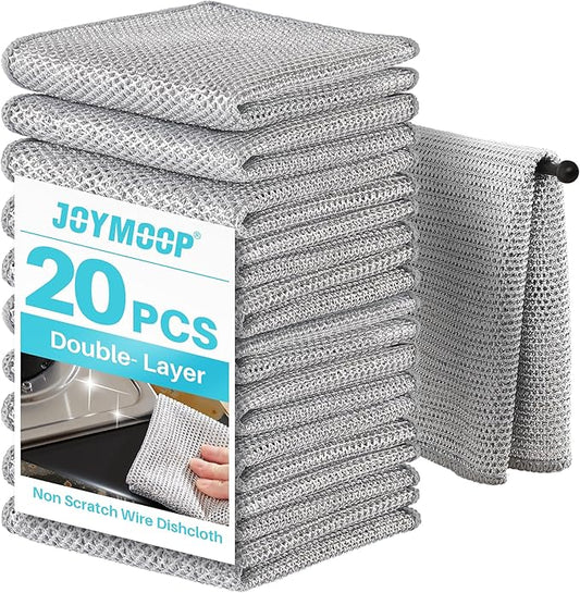 JOYMOOP 20 PCS Non Scratch Wire Dishcloth-11.8” x 11.8”, Double Layers Multipurpose Wire Dishwashing Rags, Wet & Dry Cleaning Rags for Dishes, Cookware, Sinks, Stoves & Fireplaces