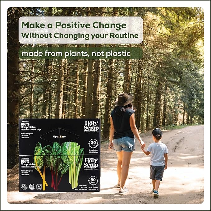 Large Compostable Drawstring Trash Bags - 8-10 Gallon, 60 Pack | Plastic-Free Kitchen & Bathroom Garbage Bags with Drawstring Handles | Thick Bin Bag Liners for Green & Food Waste