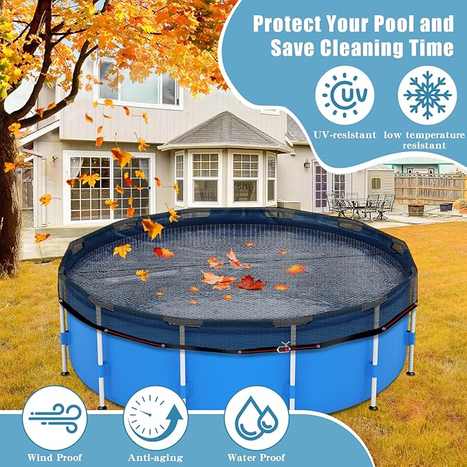 28 FT Pool Leaf Net Cover for Above Ground Pools, Ultra-Fine 0.15’’ Mesh Pool Cover with Winch & Cable, Pool Leaf Cover Prevents Leaves and Debris from Entering Pool