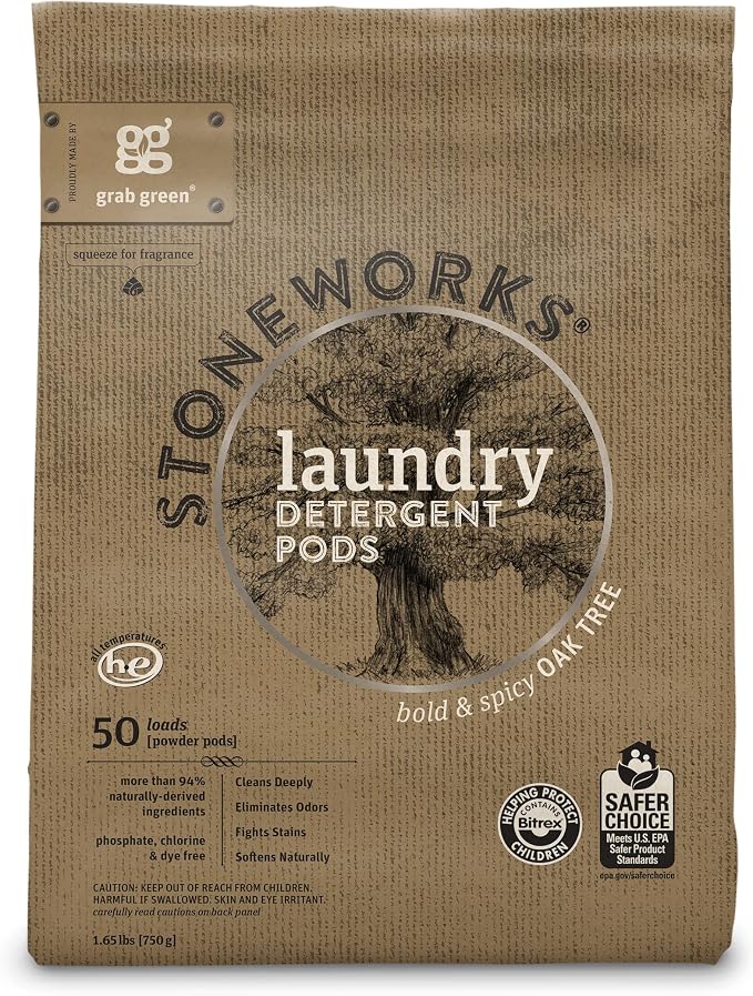 Grab Green Stoneworks Laundry Detergent Pods and Dryer Sheet Bundle, 50 Count Pods and 80 Dryer Sheets, Oak Tree Scent, Plant and Mineral Based Laundry Care Set