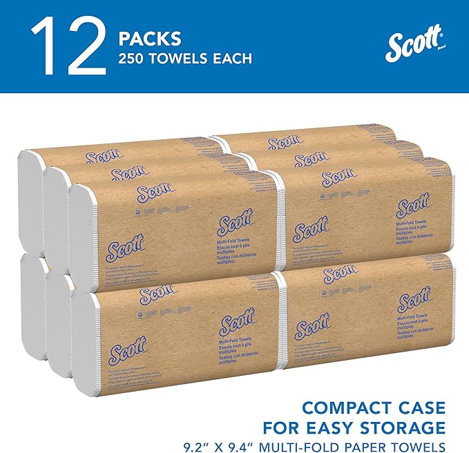 Scott Professional Universal Multifold Paper Towels, Bulk (03650), Absorbency Pockets, White, 9.2"x9.4" Towel, Compressed, Compact (Pack of 12)