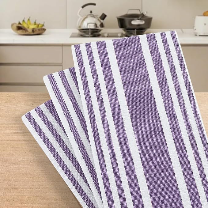 Homaxy Premium Kitchen Towels 18”x 28”, Large Cotton 380 GSM Kitchen Hand Towels, Stripe and Terry Dish Towel, Highly Absorbent Tea Towel Set with Hanging Loop, 8 Pack, Purple