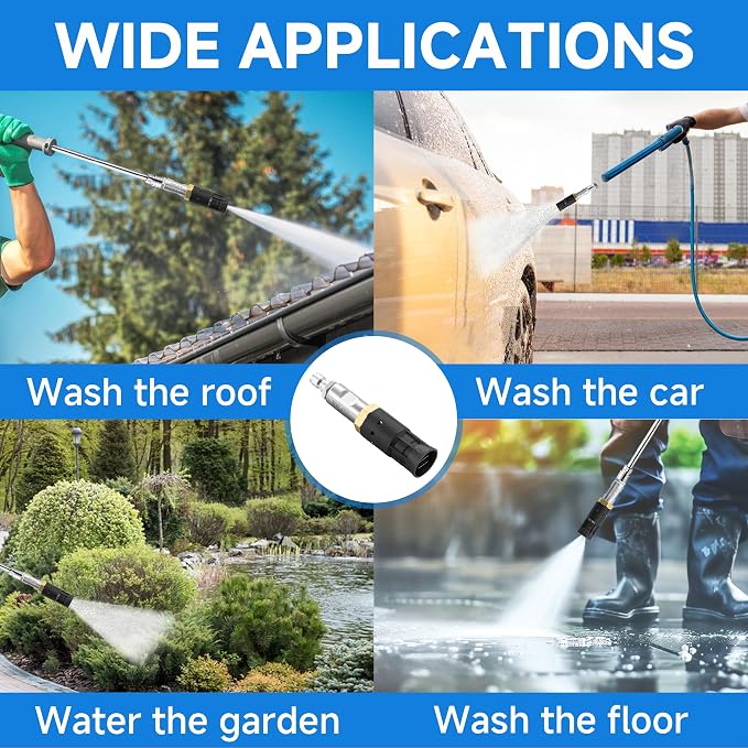 JOEJET Adjustable Pressure Washer Long Range Nozzle, 1/4" Quick Connect | Twist Nozzle 0 to 60° Spray Pattern, High Reach, No Ladder Needed, 2-3 GPM