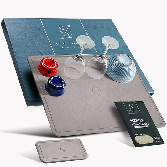 Large Stone Dish Drying Mat - Double-Sided Stone Drying Mat for Kitchen Counter - 3-Pcs Gift Set (Light Grey, 20" x 16")