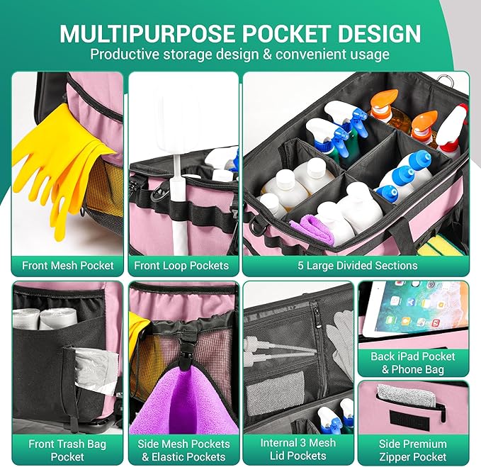 Large Rolling Cleaning Caddy Bag w/Detachable Trolley & Lid - Portable Cleaning Cart on Wheels w/Shoulder Strap & Waist Pouch - Cleaning Supplies & Tool Organizer for Home, Office, Car (Pink)