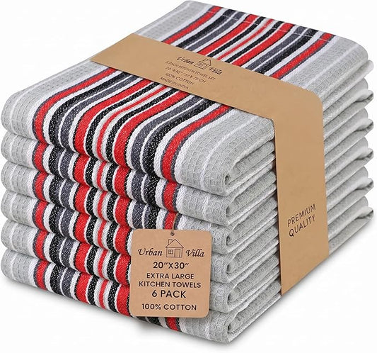 Urban Villa Kitchen Towels Waffle Stripes Dish Towels for Kitchen Grey Color Set of 6 Kitchen Towels Highly Absorbent Cotton Over Sized 20X30 in with Mitered Corners Kitchen Hand Tea Towels