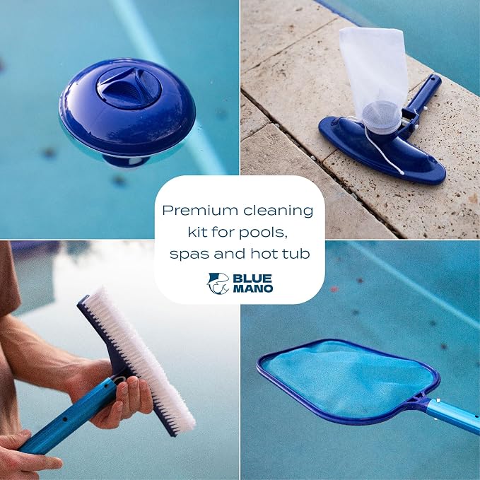Blue Mano 6 Piece Spa & Pool Cleaning Kit - 10" Vacuum Head, 12" Leaf Skimmer, 10" Pool Brush, 4FT Telescopic Aluminum Pole & Small Chlorine Dispenser - for Spas & Small Pools
