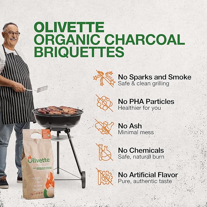 Organic Charcoal Briquettes by Olivette, Reusable Charcoal for Grilling, USDA Certified, Recycled Olive Tree Byproduct, Ready to Light, 6.6 lb. Bag Equal to 20 lb. Regular Charcoal, 4-Bag Bulk Case