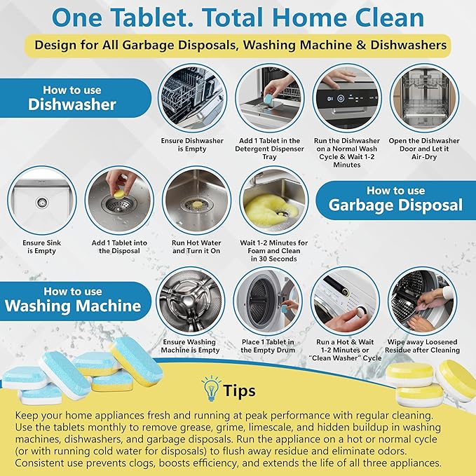 WipeoutX 3-in-1 Appliances Cleaner 72 Tablets Combo (24 Each) Dishwasher Cleaner, Washing Machine Cleaner & Garbage Disposal Cleaner Tablets – Deep Cleaning & Deodorizer