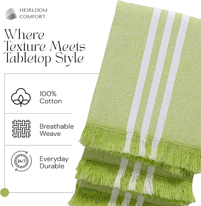 3 Pack Monochrome Stripe Kitchen Towels, Fringed Edges, 16x26 Inch, 100% Cotton, Lint-Free, Absorbent & Washable Dish Towels for Drying Dishes, Everyday Kitchen Use, Lemon Green