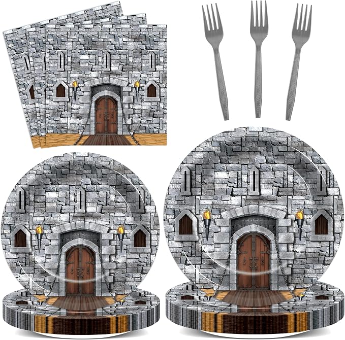 CHUNNIN 96PCS Medieval Plates Napkin Halloween Castle Party Decorations Castle Knight Birthday Dessert Plates Medieval Themed Tableware Set for 24 Guests Kids Birthday Baby Shower Party Supplies