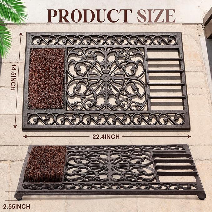 Heavy Duty Cast Iron Boot Scraper Door Mat with Brush, Outdoor Shoe Scraper for Mud Removal, Front Door, Porch, Patio and Garden Entrance
