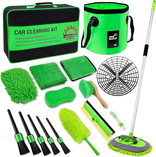 Lezcufer 17Pcs Car Wash Kit,62" Car Wash Brush Mop with Long Handle,Car Cleaning Kit,Car Detailing Brush Set,Car Wash Bucket,Car Wheel Brush,Complete Interior Car Cleaning Supplies