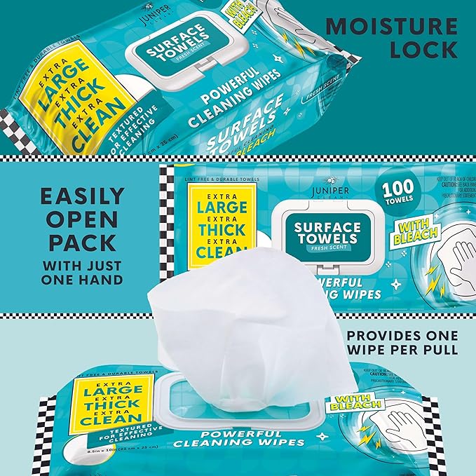 Juniper CLEAN Single Surface Wipes with Bleach, Thick & Large Dispose, All-Purpose Cleaner for Bathroom, Kitchen, Office, 100 Count Soft Flow, Biodegradable, Fresh Scent