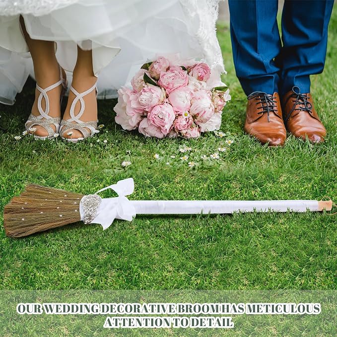 Yungyan Wedding Brooms for Jumping Ceremony DIY Bride Bridegroom 11.81 x 28.74 Inch Whisk Wedding Jumping Brooms with White Ribbons Artificial Pearl for African American Ceremony Crafts