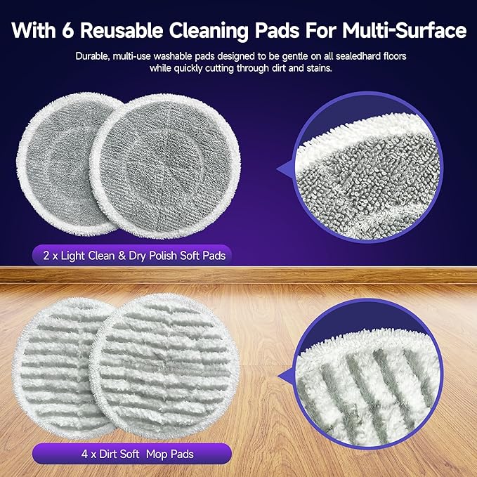 Scrub & Steam Mop with Rotating Mop Pads, LED Headlights, 6 Scrub Pads, Large Tank, Swivel Steering, Effortless Scrubbing Hard Floor Cleaner Upgraded