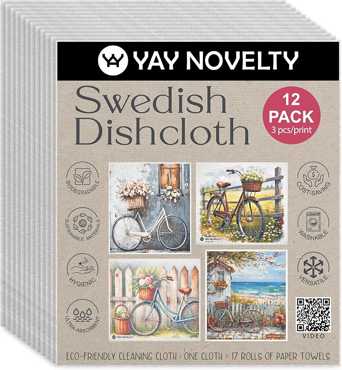 Swedish Dishcloths - 12 Pack | Made in Germany | Ultra-Absorbent, Reusable Cellulose Sponge Cloths for Kitchen | No-Odor, Eco-Friendly Cleaning Wipes | Water-Based Ink | Bicycle