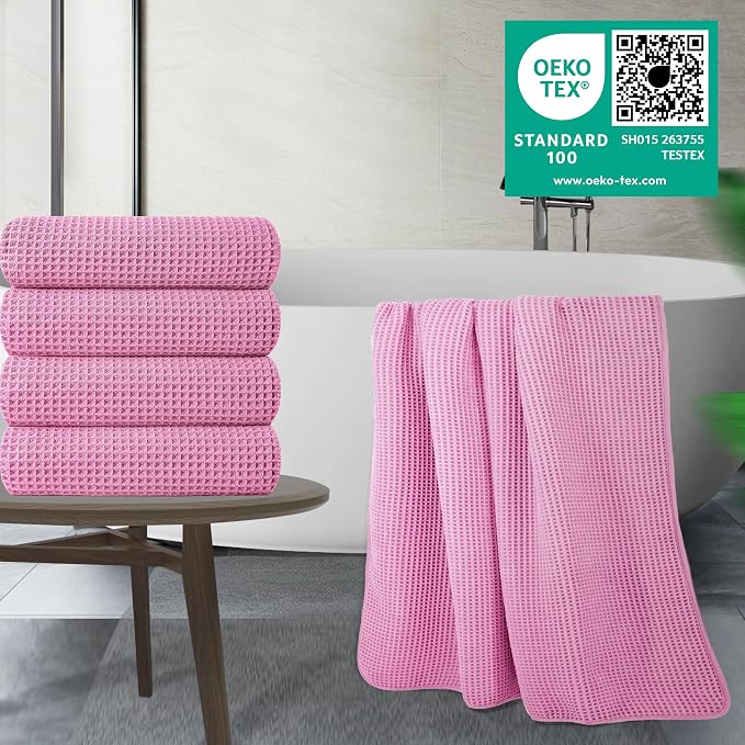 POLYTE 430 GSM Microfiber Oversize Quick Dry Lint Free Bath Towel, 60 x 30 in, 4 Pack (Waffle Weave)