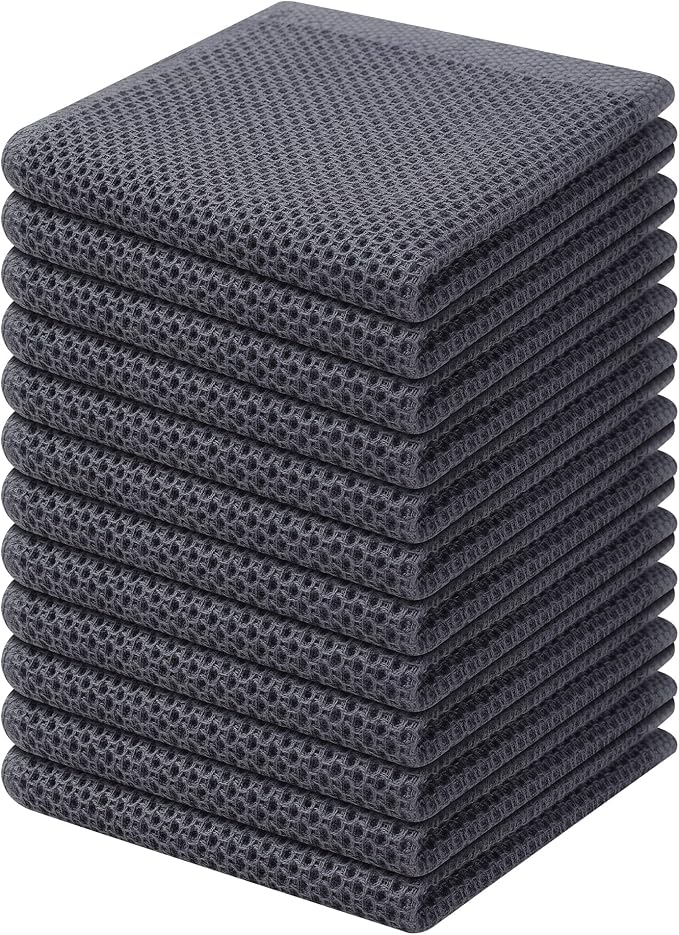 Kitinjoy 100% Cotton Kitchen Dish Cloths (12 X 12 Inches, Dark Grey), 12 Pack Waffle Weave Ultra Soft Absorbent Dish Towels for Drying Dishes Quick Drying Kitchen Towels Dish Rags