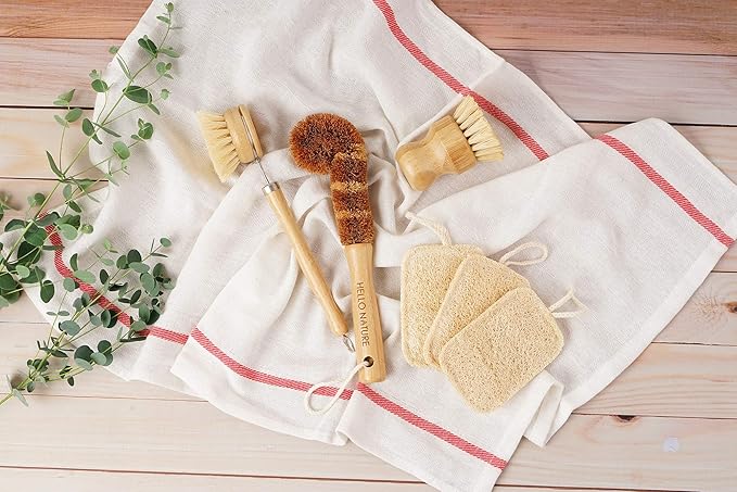 Plant-Based 6pcs Kitchen Brush Set by HELLO NATURE, Sustainable & Biodegradable Natural Fibre Bamboo Dish Brush,Bottle Brush,Pot Brush & 3 Natural Loofah Sponges, Zero-Waste,Plastic Free Kitchen Set