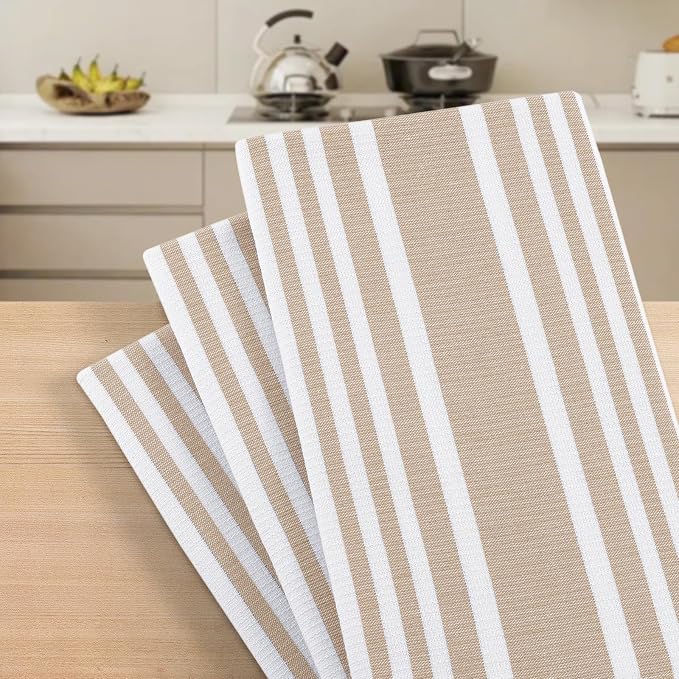 Homaxy Premium Kitchen Towels 18”x 28”, Large Cotton 380 GSM Kitchen Hand Towels, Stripe and Terry Dish Towel, Highly Absorbent Tea Towel Set with Hanging Loop, 8 Pack, Khaki