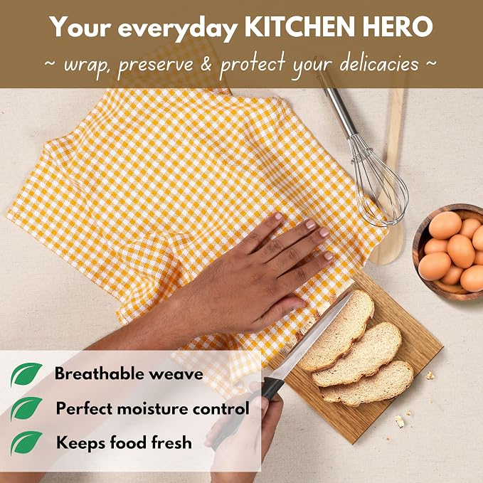 Native Fab 6 Pack Gingham Mini Check Kitchen Hand Towels Set - 100% Cotton Absorbent Reusable Washable 16"x26" - Quick Drying Dish Towels with Hanging Loops for Kitchen, Yellow White