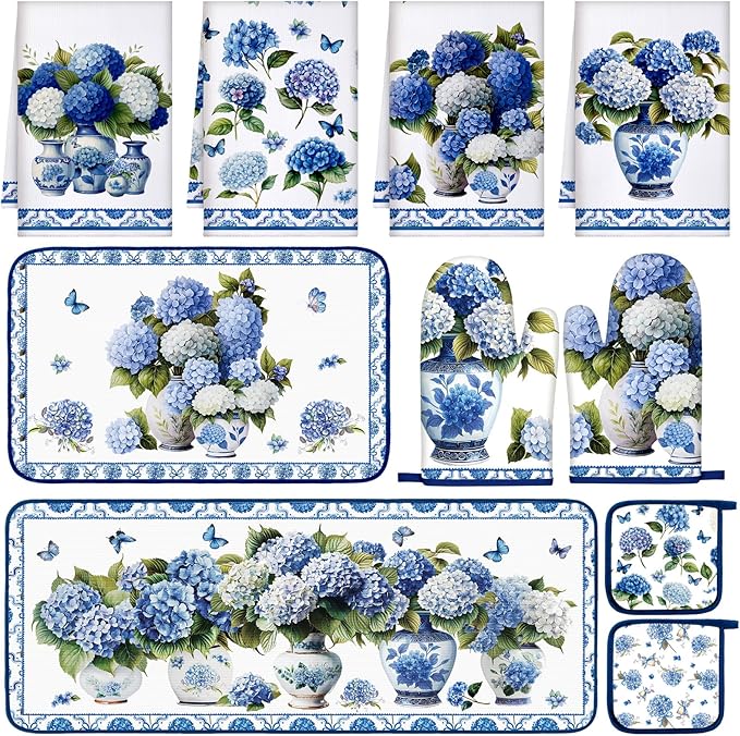 Fanfanwin 10 Pcs Blue and White Porcelain Chinoiserie Kitchen Decor Set Hydrangea Kitchen Towels Oven Mitts Pot Holders Hydrangea Rugs and Mats for Cooking Baking Mom Gift Home Decor