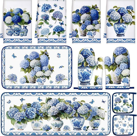 Fanfanwin 10 Pcs Blue and White Porcelain Chinoiserie Kitchen Decor Set Hydrangea Kitchen Towels Oven Mitts Pot Holders Hydrangea Rugs and Mats for Cooking Baking Mom Gift Home Decor