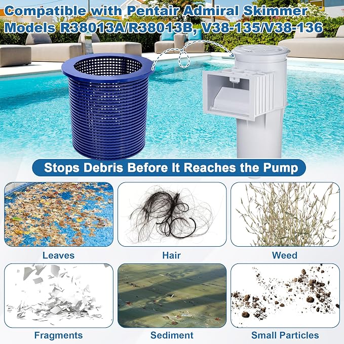 BigHead R38013A Pool Skimmer Basket Compatible with Pentair American Admiral for Inground Heavy Duty Pool Skimmer Basket Replacement for R38013A V38-135 V38-135 V38-136 (Blue)