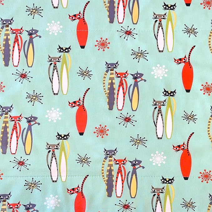 Mid Century Modern Dish Drying Mat - Coffee Station Mat - Pet Placemat - Appliance Mat - Atomic Cats & Starbursts on Aqua - 16x20 Inches - Handmade by Green Acorn Kitchen