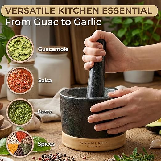 Gramercy Mortar and Pestle Set – Heavy Duty Granite Stone Grinder with Stable Bamboo Base, Extra Long Pestle & Cleaning Brush - Ideal Guacamole Bowl, Herb Grinder & Molcajete Bowl, 1.5-Cup