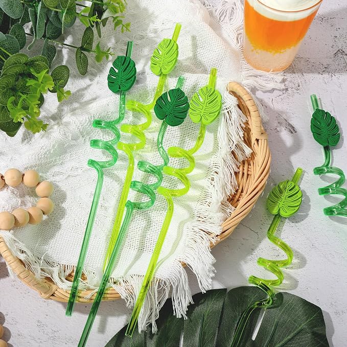 JarThenaAMCS 24Pcs Hawaiian Tropical Straws with 2Pcs Cleaning Brushes Green Palm Leaves Reusable Plastic Straws Summer Drinking Straw for Tropical Beach Pool Party Supplies