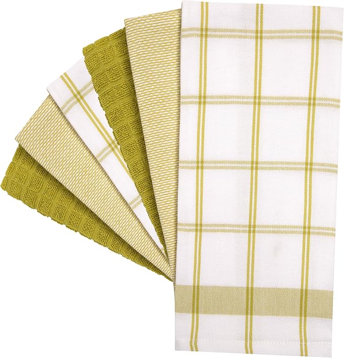 Premium Kitchen Towels (20”x 28”, 6 Pack) | Large Cotton Dish Towels | Flat & Terry Highly Absorbent Kitchen Linen Set with Hanging Loop | Lime Green Check