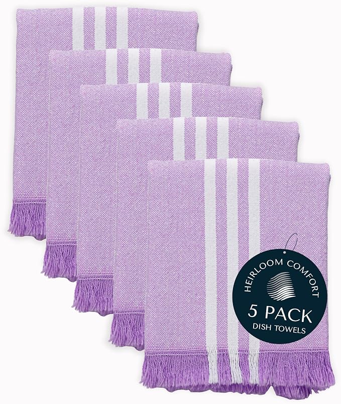 Monochrome Stripe 100% Cotton Dish Towels Set of 5, Decorative Fringes, 16x26 Inch, Quick Dry, Absorbent & Reusable for Cleaning, Cooking, Kitchen Decor, Machine Washable, Lavender