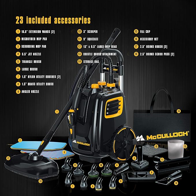 McCulloch MC1385 Deluxe Canister Steam Cleaner with 23 Accessories & A1230-005 Nylon Utility Brush (5 Pack) & A1375-100 Replacement Traditional Microfiber Mop Pad for MC1375, 2-Pack