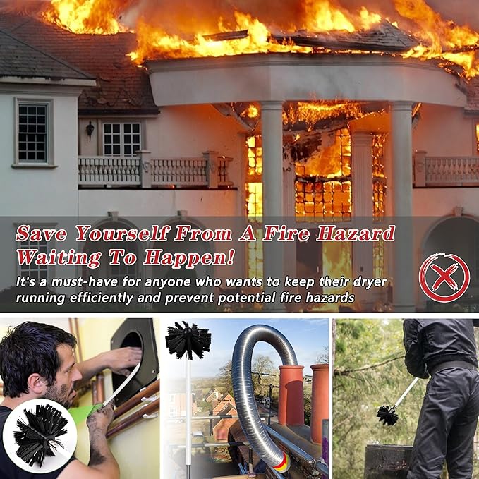 Chimney Sweep Kit Chimney Brush Kit Chimney Cleaning Kit, 16FT Dryer Vent Cleaner Kit Duct Cleaning Tools, Dryer Vent Cleaning Kit Fireplace Chimney Brushes-12pcs Flexible Rods, 2pcs 8in Chimney Brush