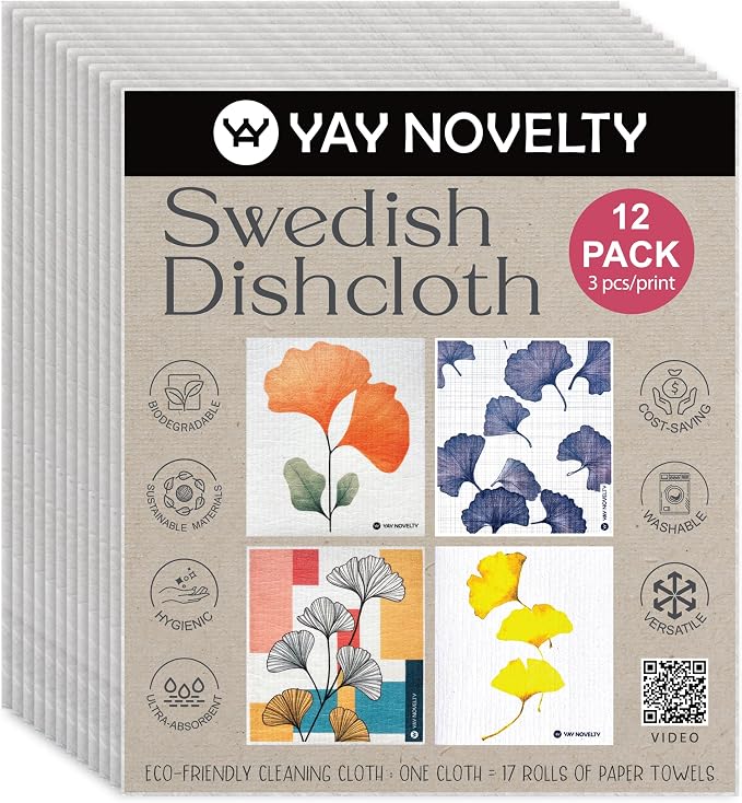 Swedish Dishcloths - 12 Pack | Made in Germany | Ultra-Absorbent, Reusable Cellulose Sponge Cloths for Kitchen | No-Odor, Eco-Friendly Cleaning Wipes | Water-Based Ink | Gingko Leaves