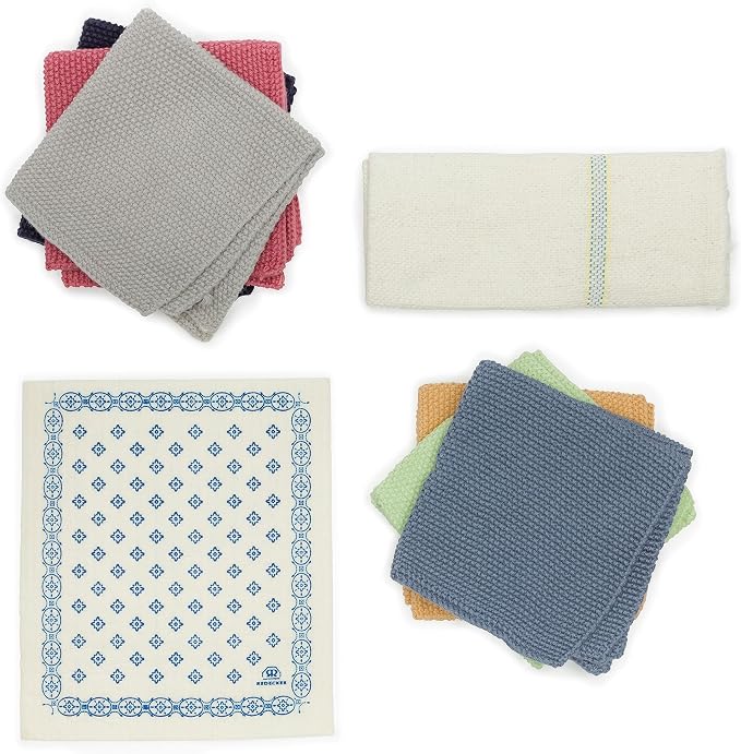 Redecker Knitted Dish Cloth, Set of 3, Machine Washable, Blue/Rose/Grey