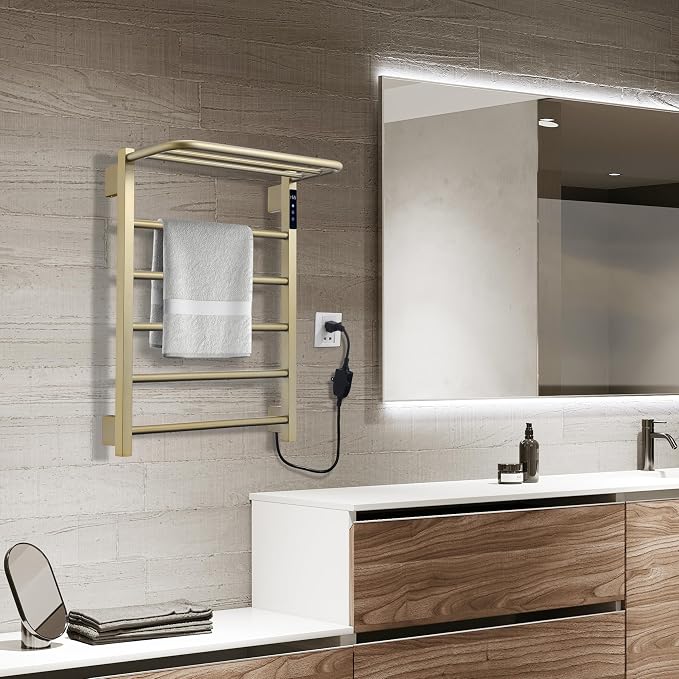 Heated Towel Racks for Bathroom, Hot Towel Warmer with 24hr Timer Stainless Steel Wall Mounted Electric Towel Warmers for Bathroom (Gold, 5-Bar)