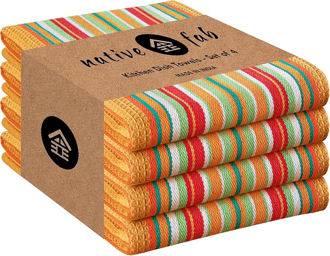 Native Fab Mexican Salsa Stripe Kitchen Towels, 4 Pack, 18x28 Inches, 100% Cotton, Highly Absorbent, Soft, Dish Towel for Drying Dishes, Everyday Kitchen Use, Reusable, Washable, Mustard Yellow