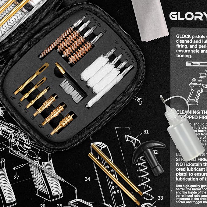 GLORYFIRE Universal Gun Cleaning Kit Fits .22 .357/9mm .38 .40 .45 Cal Handguns & Pistols Compact Carrying Case for Portability Multiple Styles with Brass or Plastic Jags & Tips for Shooting and Range