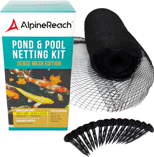 AlpineReach Koi Pond Netting Kit 14 x 14 ft Black Heavy Duty Woven Fine Mesh Net Cover for Leaves - Protects Koi Fish from Blue Heron Birds, Cats & Predators – Reusable & Stakes Included