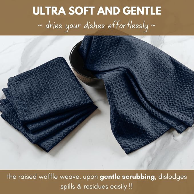 Native Fab Waffle 18 Pack Dish Cloths Set - 100% Cotton, 12"x12", Absorbent, Quick Dry, Washable Towels for Cleaning, Cooking & Drying Dishes - Great for Home, Restaurants, Cafes, Bars - Navy Blue
