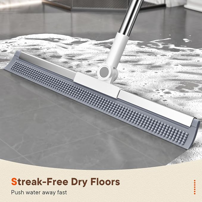 Floor Squeegee Broom with Rubber Scrubbing Teeth, 2-in-1 Magic Broom with 58 Inch Telescopic Handle, Wide Shower Floor Squeegee for Bathroom, Garage, Kitchen, Tile, Concrete, Pet Hair and Water