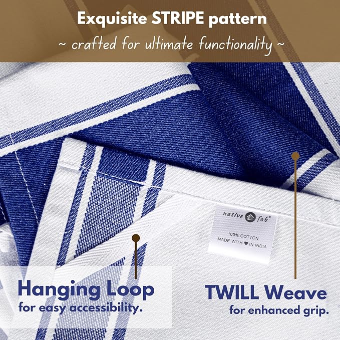 Native Fab Blue Kitchen Towels 18x28 Inch, Set of 12, Wide Stripe, Super Absorbent, Quick Dry, Soft, 100% Cotton Dish Towels for Wiping Hands, Drying Dishes, Cleaning Dishcloths Set - Ink Blue