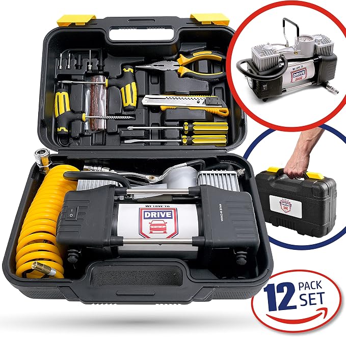 Tire Inflator Portable Air Compressor with Tire Repair Kit – Car Emergency Kit & 12V DC Dual Cylinder Air Pump for Cars, 150 PSI Tyre Pump with Tyre Pressure Gauge, and Car Accessories Air Pump